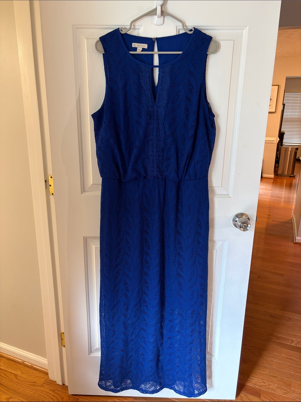 Sleeveless Cobalt Lace Maxi Dress with Keyhole Neck
